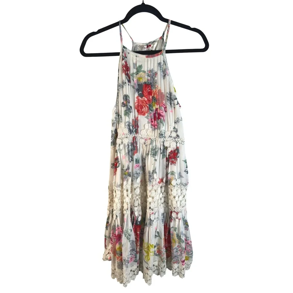 Ranna Gill Women's White Floral Crochet Lace Pleated Halter Mini Dress Size S